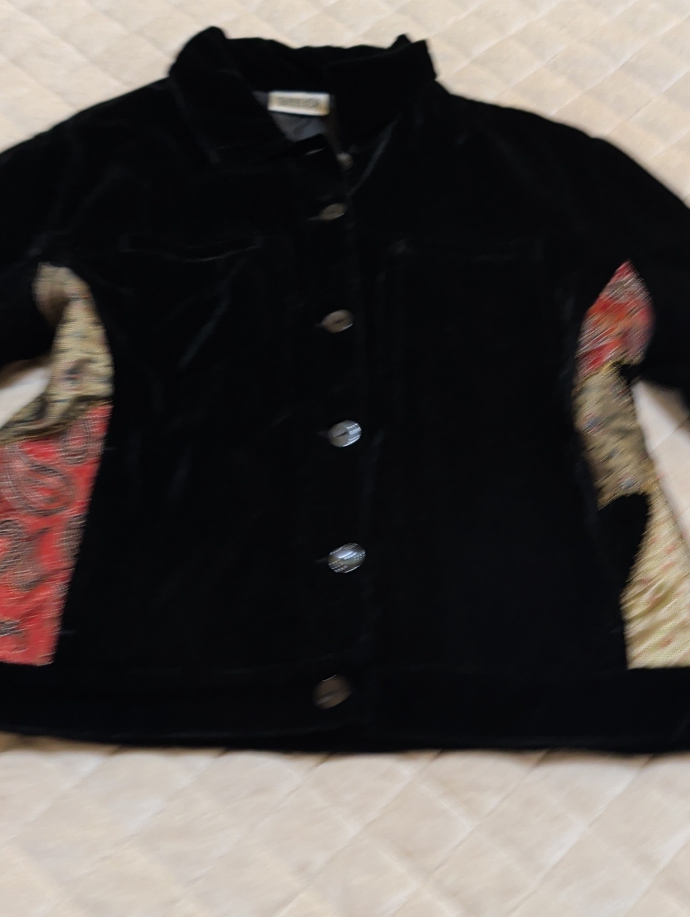 Chico's Black Velvet Jacket with Red and Gold Paisley Side Panels